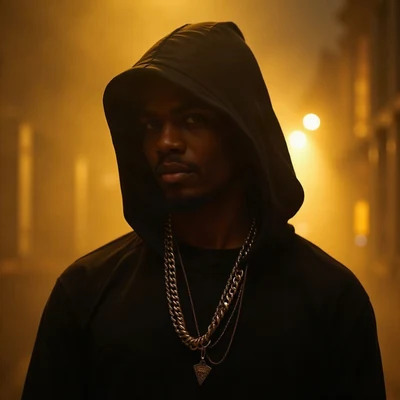 tuff pfp — hooded figure with chain necklace, gold city light haze, light smoke