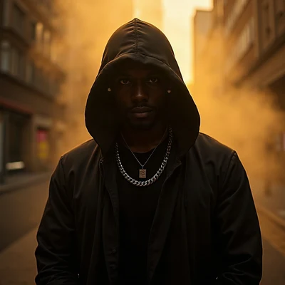 tuff pfp — hooded figure with chain necklace, gold city light haze, light smoke