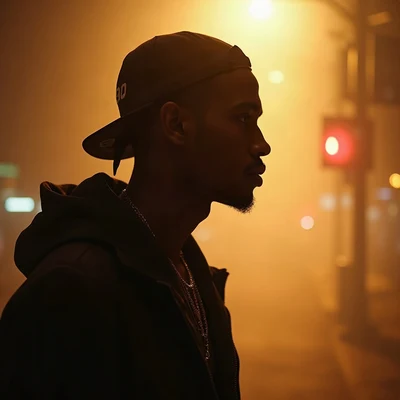 tuff pfp — side profile with durag silhouette, gold city light haze, fog at shoulders