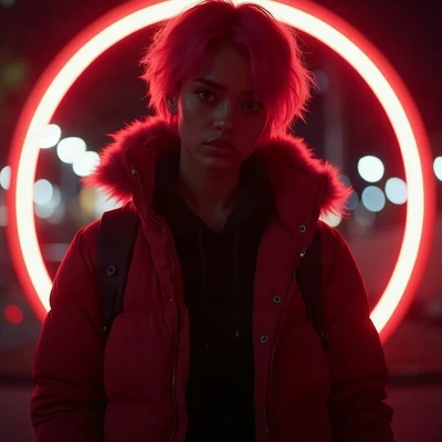 tuff pfp — figure in puffer jacket, red neon rim light, city bokeh behind