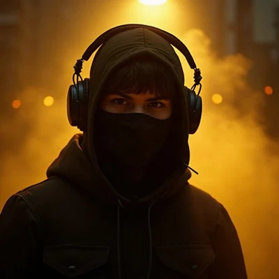 tuff pfp — masked figure with headphones, gold city light haze, fog at shoulders