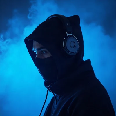 tuff pfp — masked figure with headphones, cold blue underglow, light smoke