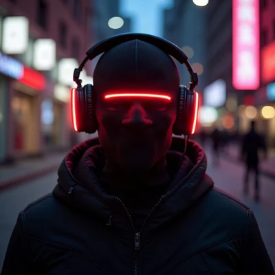 tuff pfp — masked figure with headphones, red neon rim light, city bokeh behind