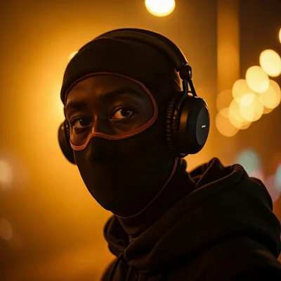 tuff pfp — masked figure with headphones, gold city light haze, light smoke