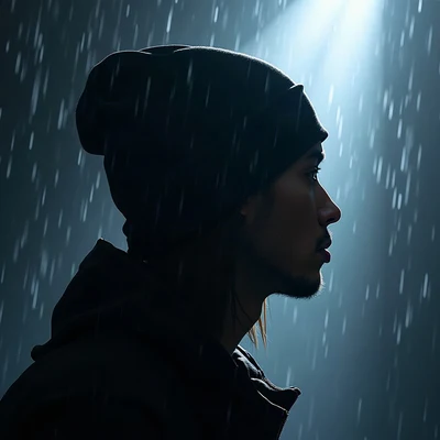 tuff pfp — side profile with durag silhouette, ice white spotlight, rain streaks