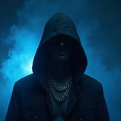 tuff pfp — hooded figure with chain necklace, cold blue underglow, fog at shoulders