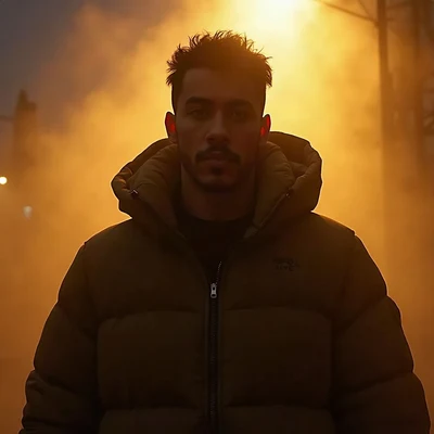 tuff pfp — figure in puffer jacket, gold city light haze, fog at shoulders
