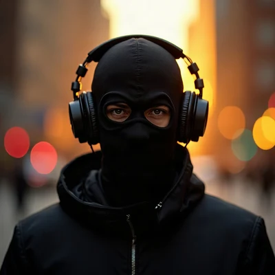 tuff pfp — masked figure with headphones, gold city light haze, city bokeh behind