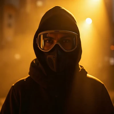 tuff pfp — figure in ski mask silhouette, gold city light haze, fog at shoulders