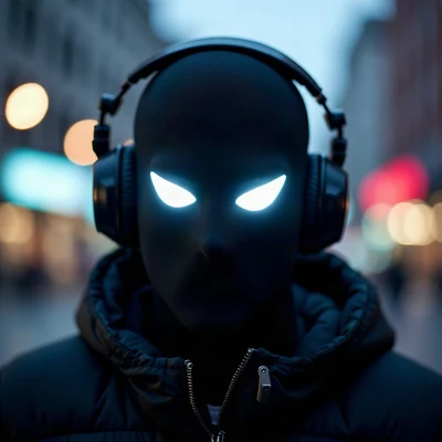 tuff pfp — masked figure with headphones, ice white spotlight, city bokeh behind