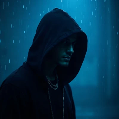 tuff pfp — hooded figure with chain necklace, cold blue underglow, rain streaks