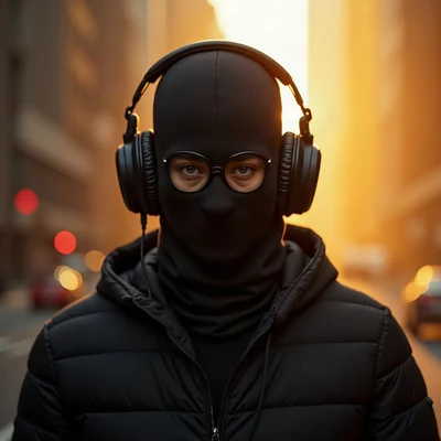 tuff pfp — masked figure with headphones, gold city light haze, city bokeh behind
