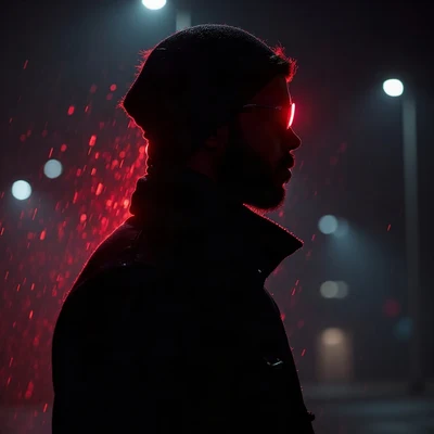 tuff pfp — side profile with durag silhouette, red neon rim light, rain streaks