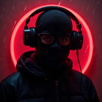 tuff pfp — masked figure with headphones, red neon rim light, rain streaks