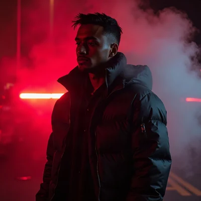 tuff pfp — figure in puffer jacket, red neon rim light, fog at shoulders