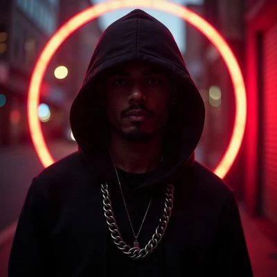 tuff pfp — hooded figure with chain necklace, red neon rim light, city bokeh behind