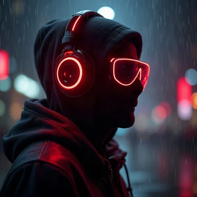 tuff pfp — masked figure with headphones, red neon rim light, rain streaks