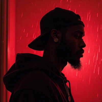 tuff pfp — side profile with durag silhouette, red neon rim light, rain streaks