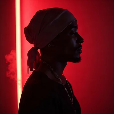 tuff pfp — side profile with durag silhouette, red neon rim light, fog at shoulders