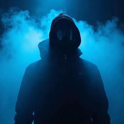 tuff pfp — figure in ski mask silhouette, cold blue underglow, fog at shoulders