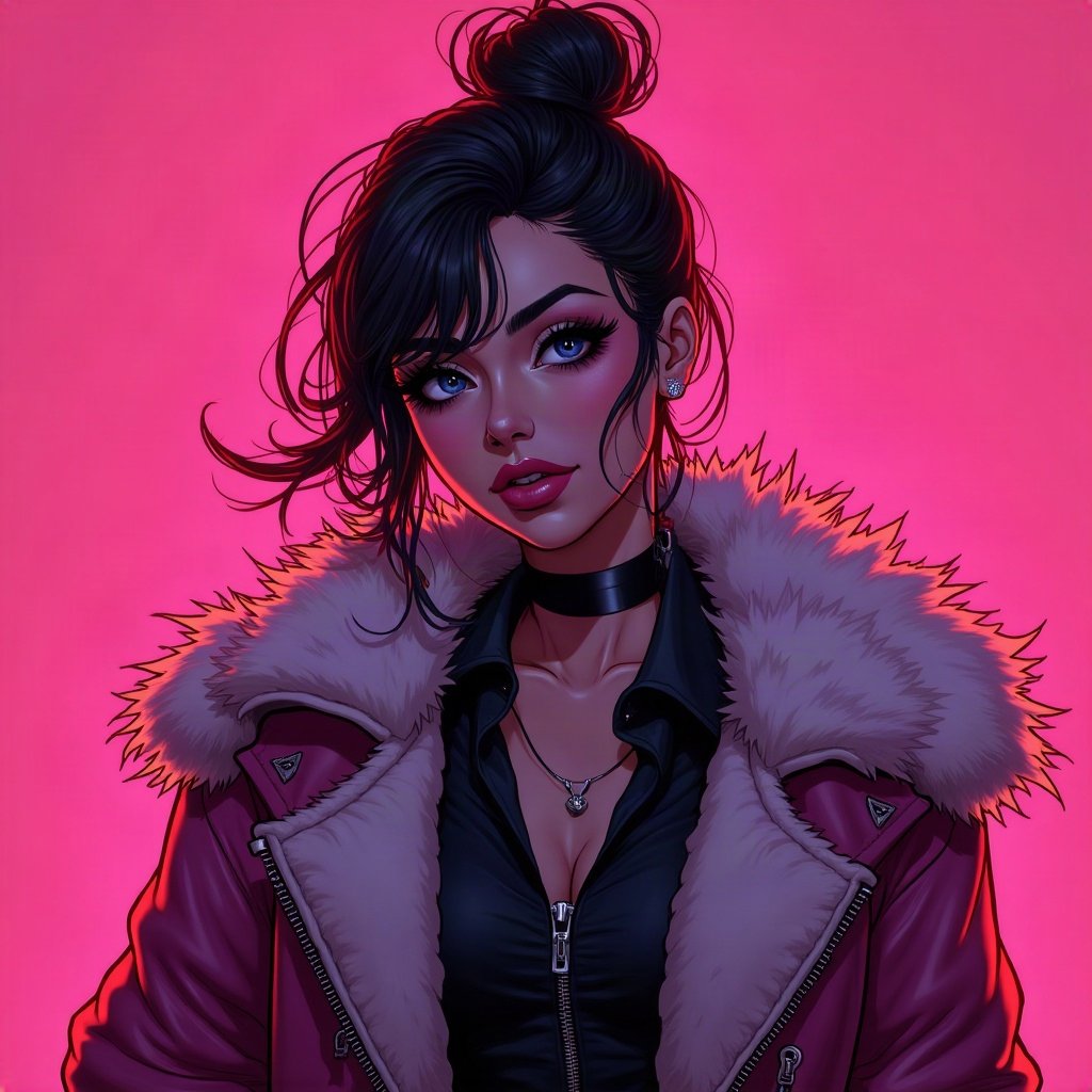 Baddie PFPs — fur-collar jacket confident pose, hot pink neon glow, sparkle highlights