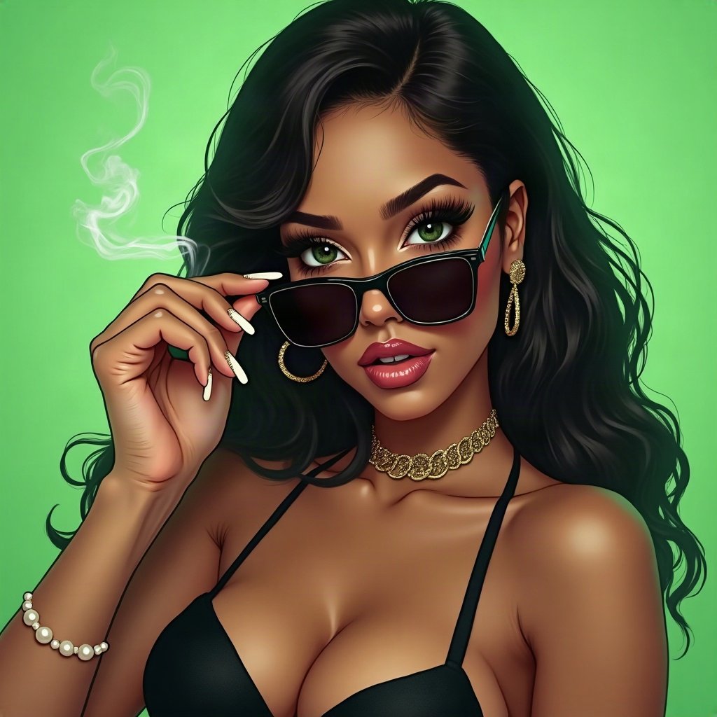 Baddie PFPs — long acrylic nails holding sunglasses, money-green accent lighting, soft smoke