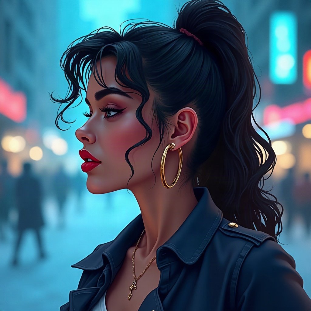 Baddie PFPs — glossy lips and gold hoop earrings profile, icy blue luxury light, city bokeh behind