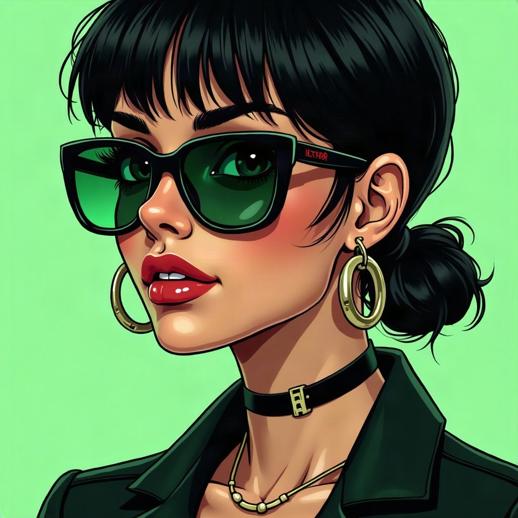 Baddie PFPs — designer-style sunglasses reflection, money-green accent lighting, chrome accents