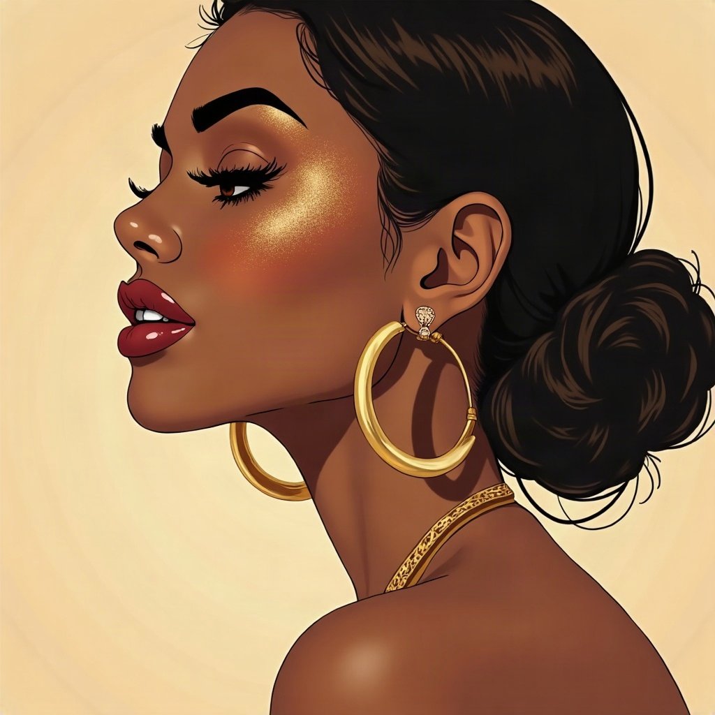 Baddie PFPs — glossy lips and gold hoop earrings profile, champagne gold shimmer, soft smoke