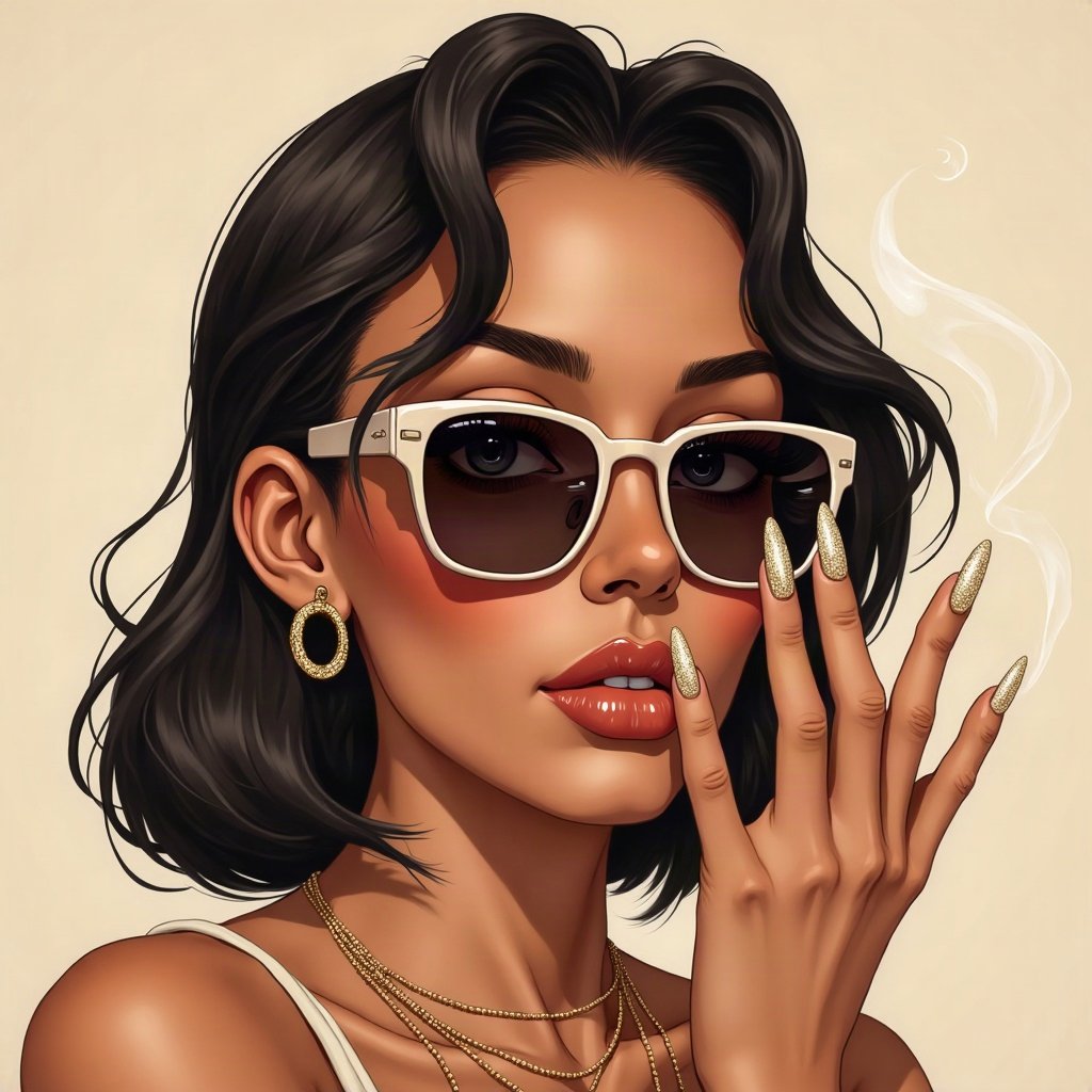 Baddie PFPs — long acrylic nails holding sunglasses, champagne gold shimmer, soft smoke