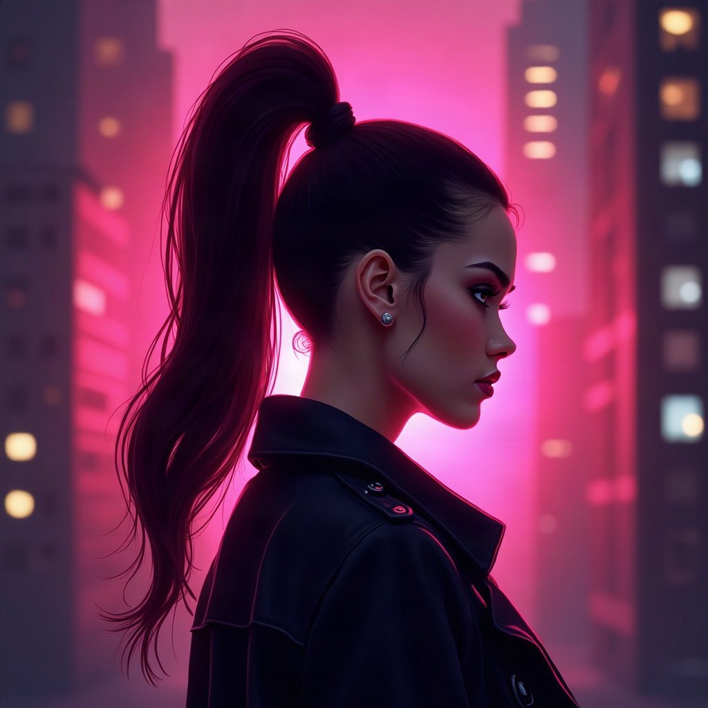 Baddie PFPs — sleek high ponytail silhouette, hot pink neon glow, city bokeh behind
