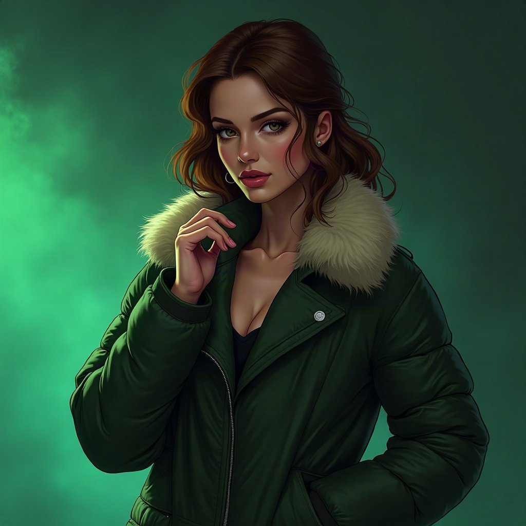 Baddie PFPs — fur-collar jacket confident pose, money-green accent lighting, soft smoke