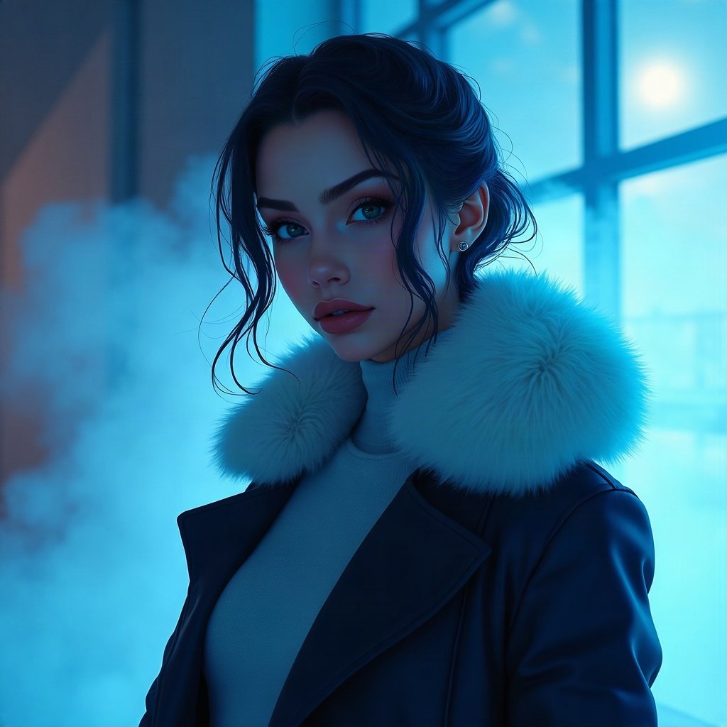 Baddie PFPs — fur-collar jacket confident pose, icy blue luxury light, soft smoke