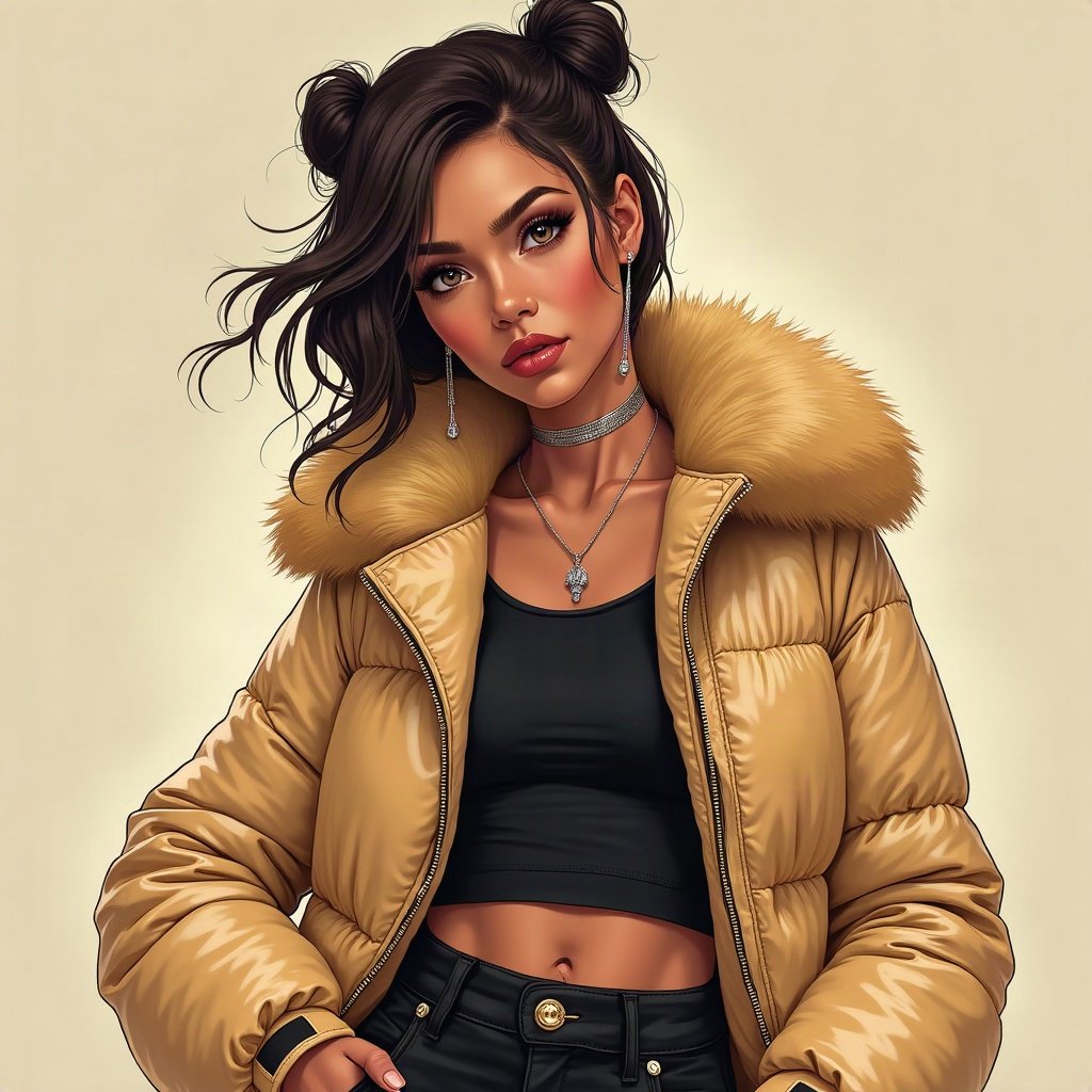Baddie PFPs — fur-collar jacket confident pose, champagne gold shimmer, chrome accents