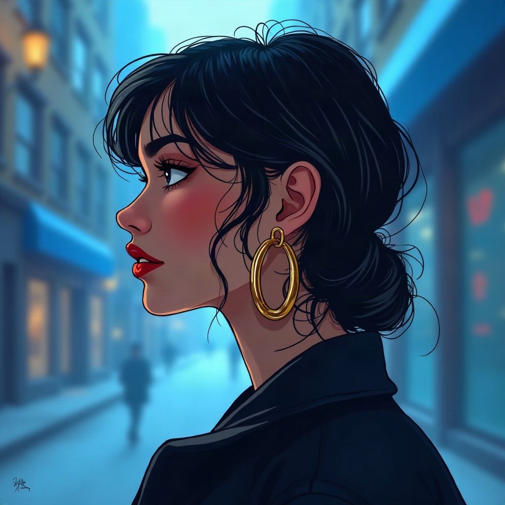 Baddie PFPs — glossy lips and gold hoop earrings profile, icy blue luxury light, city bokeh behind