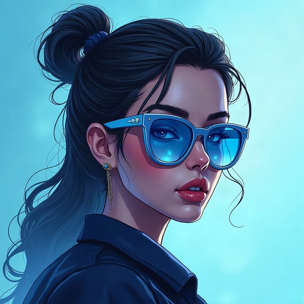 Baddie PFPs — designer-style sunglasses reflection, icy blue luxury light, soft smoke