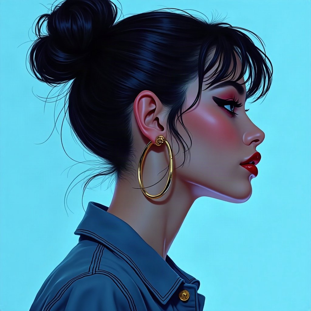 Baddie PFPs — glossy lips and gold hoop earrings profile, icy blue luxury light, chrome accents