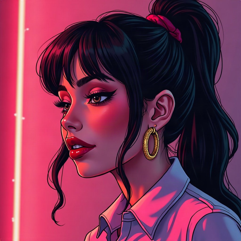 Baddie PFPs — glossy lips and gold hoop earrings profile, hot pink neon glow, sparkle highlights