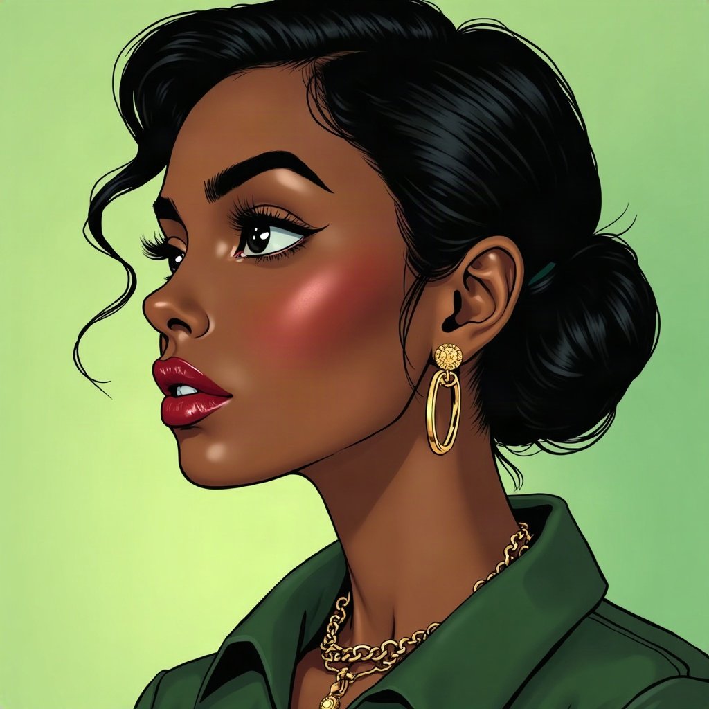 Baddie PFPs — glossy lips and gold hoop earrings profile, money-green accent lighting, chrome accents
