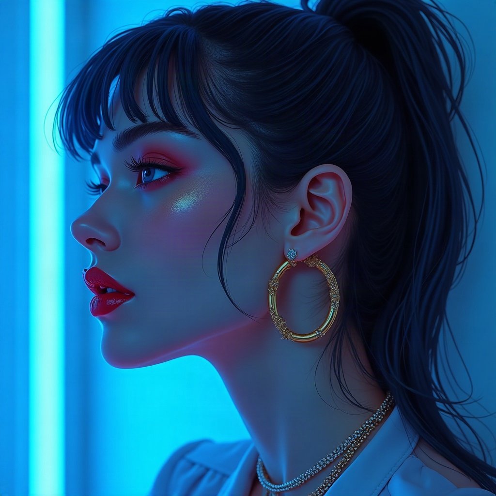 Baddie PFPs — glossy lips and gold hoop earrings profile, icy blue luxury light, chrome accents