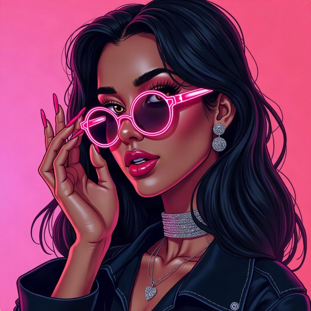 Baddie PFPs — long acrylic nails holding sunglasses, hot pink neon glow, chrome accents
