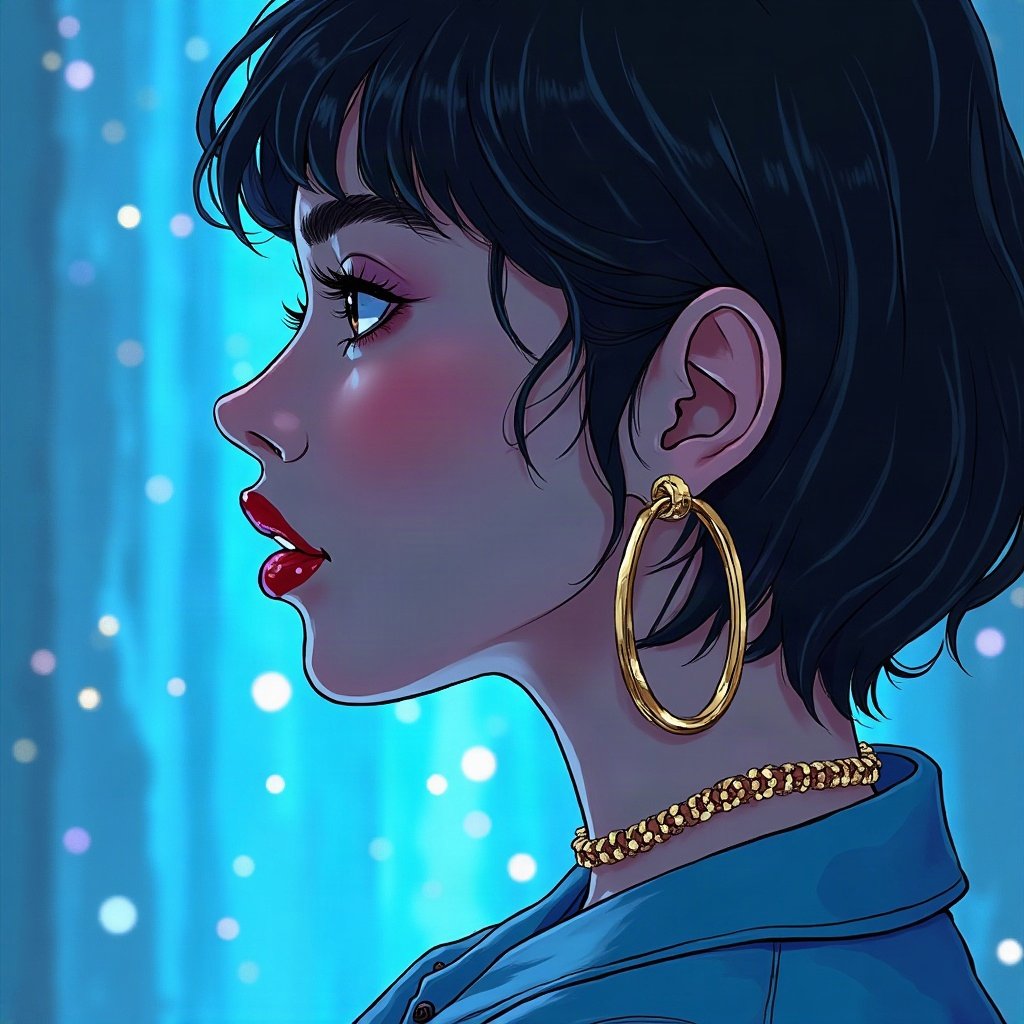 Baddie PFPs — glossy lips and gold hoop earrings profile, icy blue luxury light, sparkle highlights