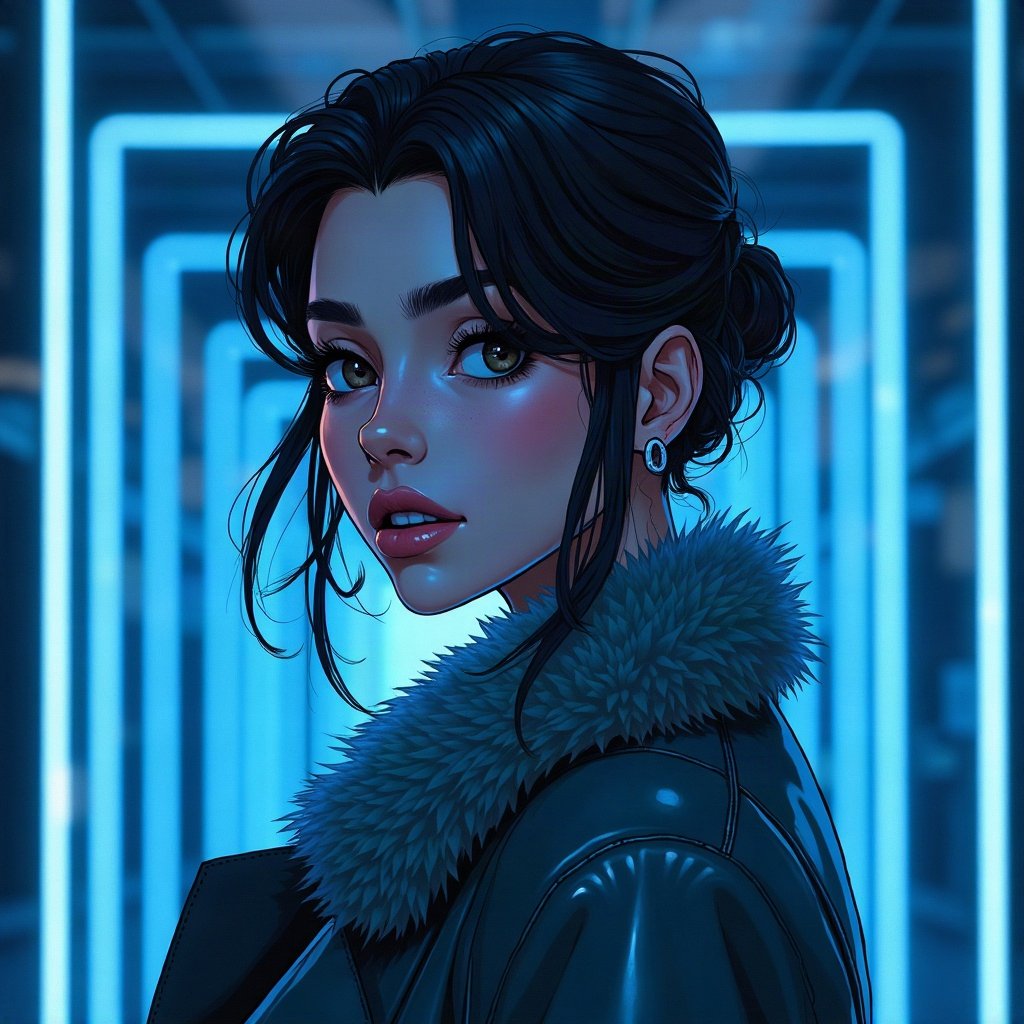 Baddie PFPs — fur-collar jacket confident pose, icy blue luxury light, sparkle highlights