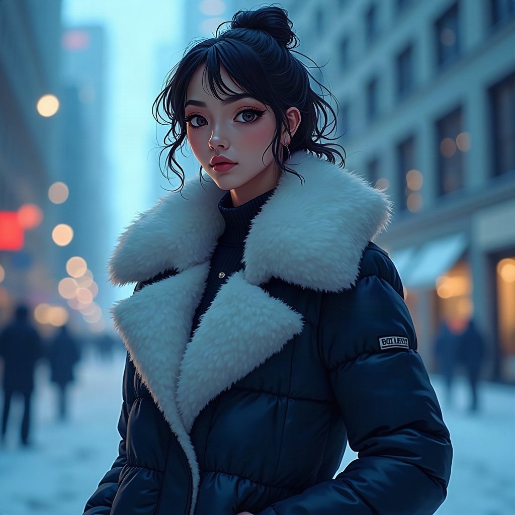 Baddie PFPs — fur-collar jacket confident pose, icy blue luxury light, city bokeh behind