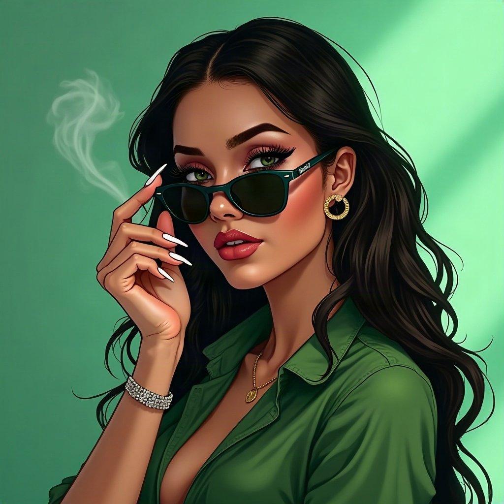 Baddie PFPs — long acrylic nails holding sunglasses, money-green accent lighting, soft smoke