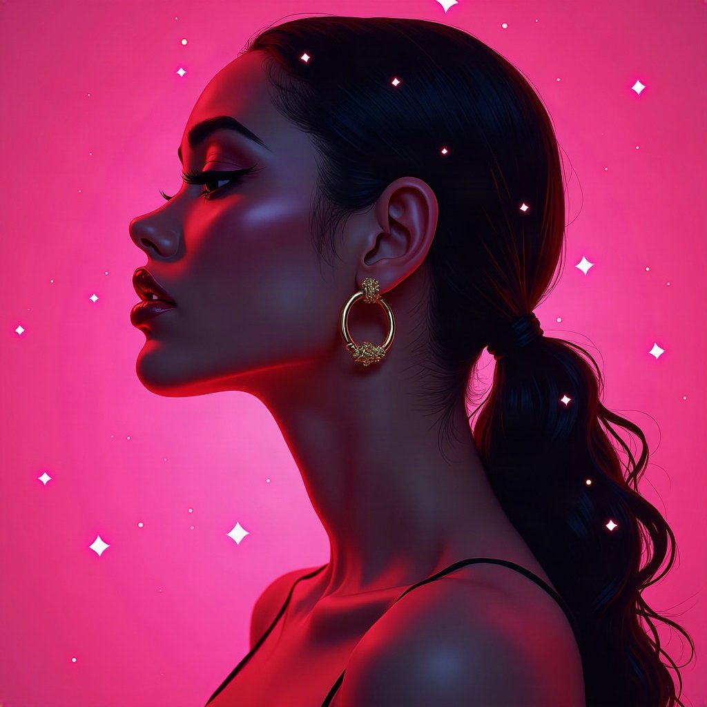 Baddie PFPs — glossy lips and gold hoop earrings profile, hot pink neon glow, sparkle highlights