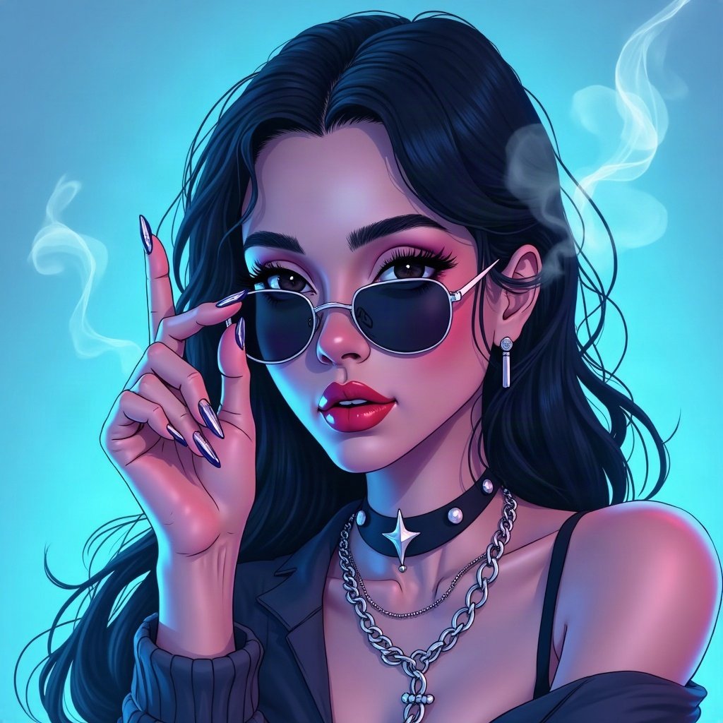 Baddie PFPs — long acrylic nails holding sunglasses, icy blue luxury light, soft smoke