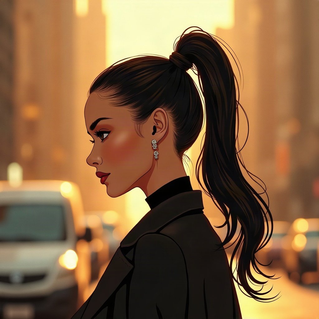 Baddie PFPs — sleek high ponytail silhouette, champagne gold shimmer, city bokeh behind