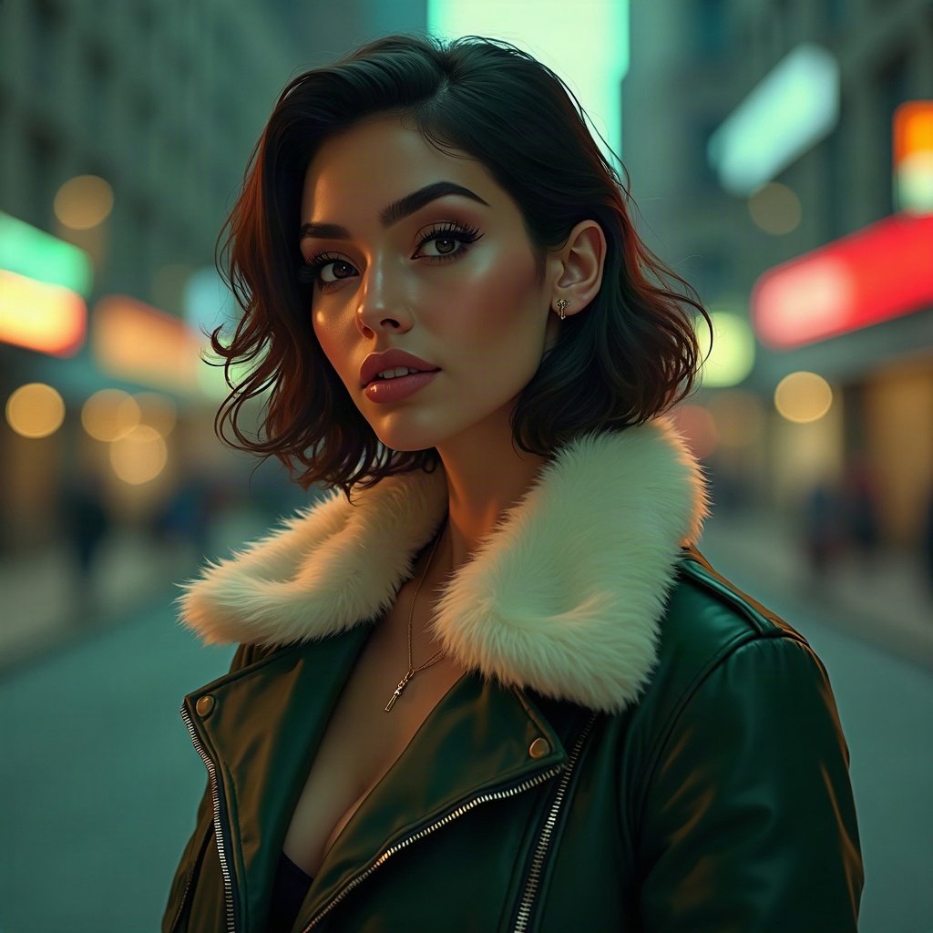 Baddie PFPs — fur-collar jacket confident pose, money-green accent lighting, city bokeh behind