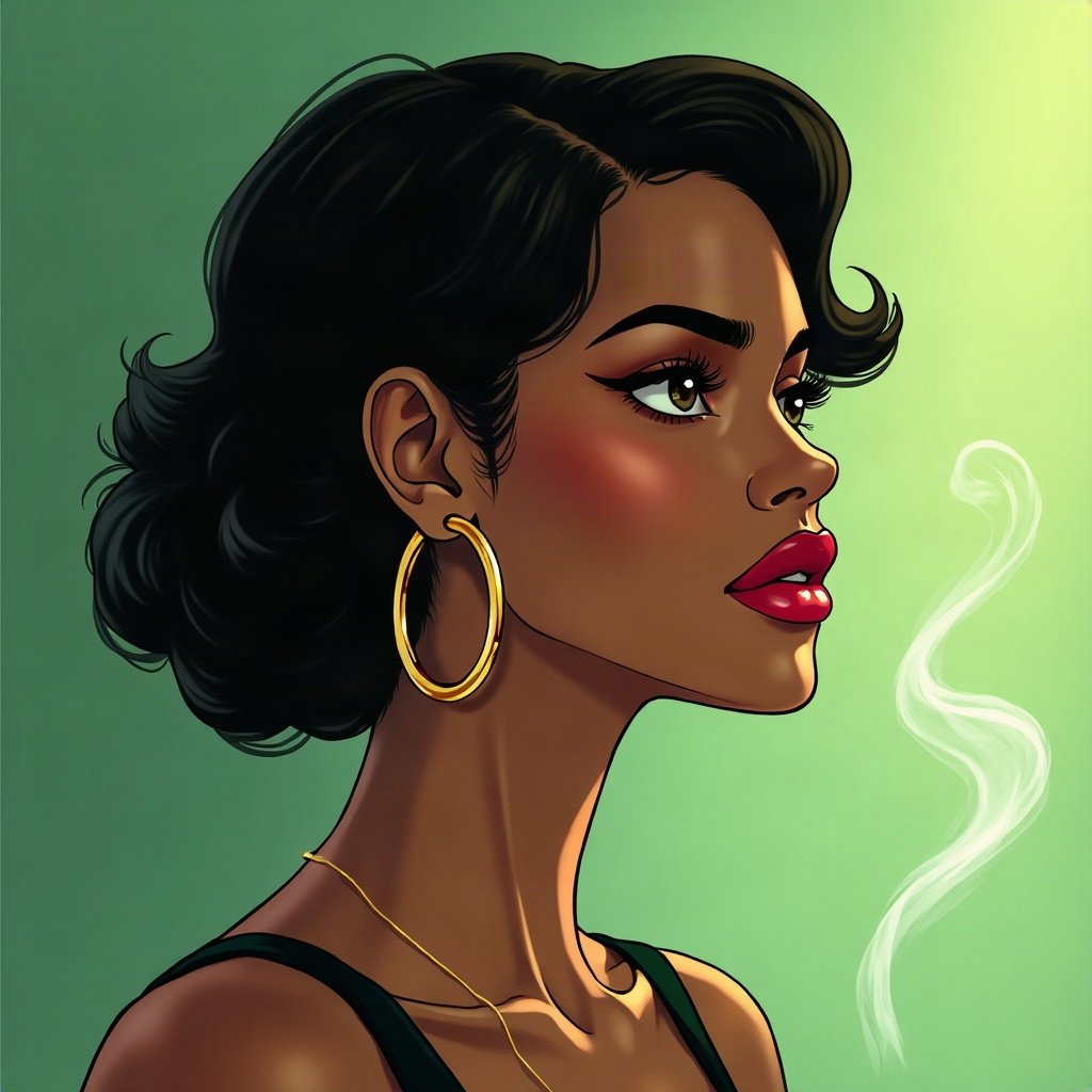 Baddie PFPs — glossy lips and gold hoop earrings profile, money-green accent lighting, soft smoke